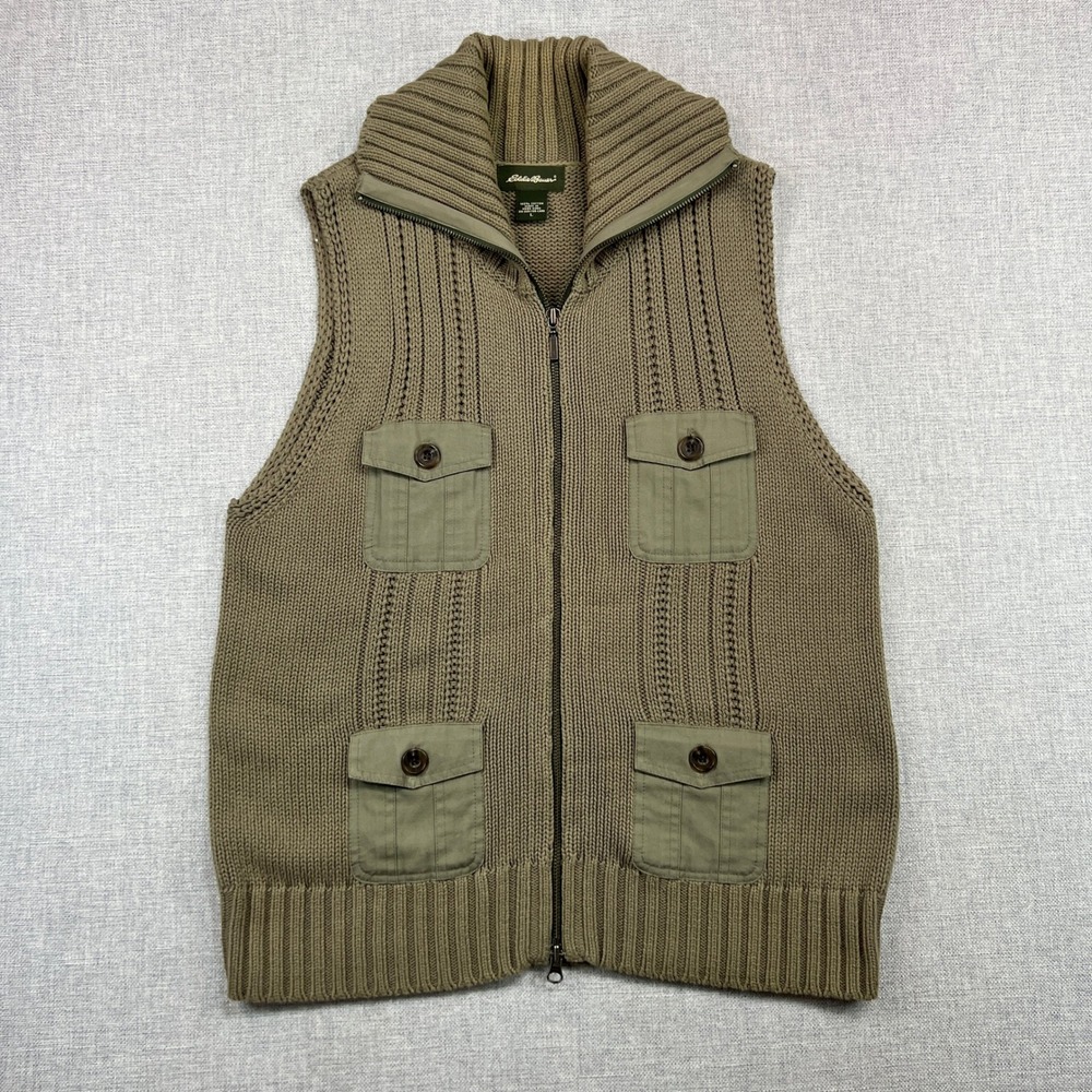 VTG Y2K Eddie Bauer Knit‎ Utility Vest Women L Olive Cotton Hong Kong Full Zip